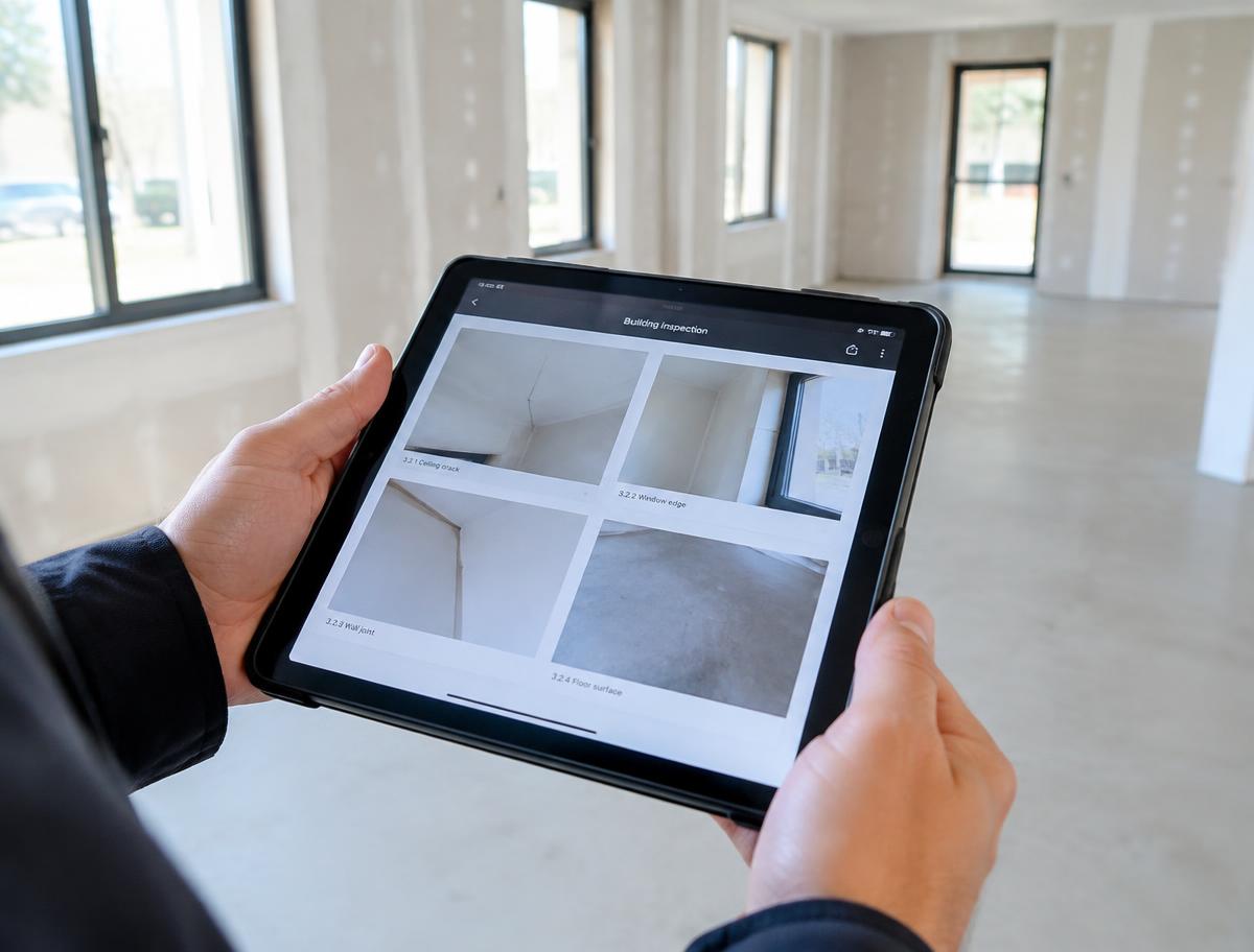 Inspection photographs reviewed on a tablet in a commercial interior